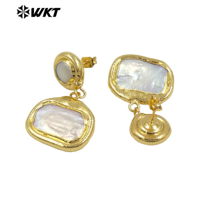 WT-MPE139 Elegant 18K Gold Plated Pearl Round Rectangular Combination Long Earrings for Women As Wedding and Anniversary Gifts