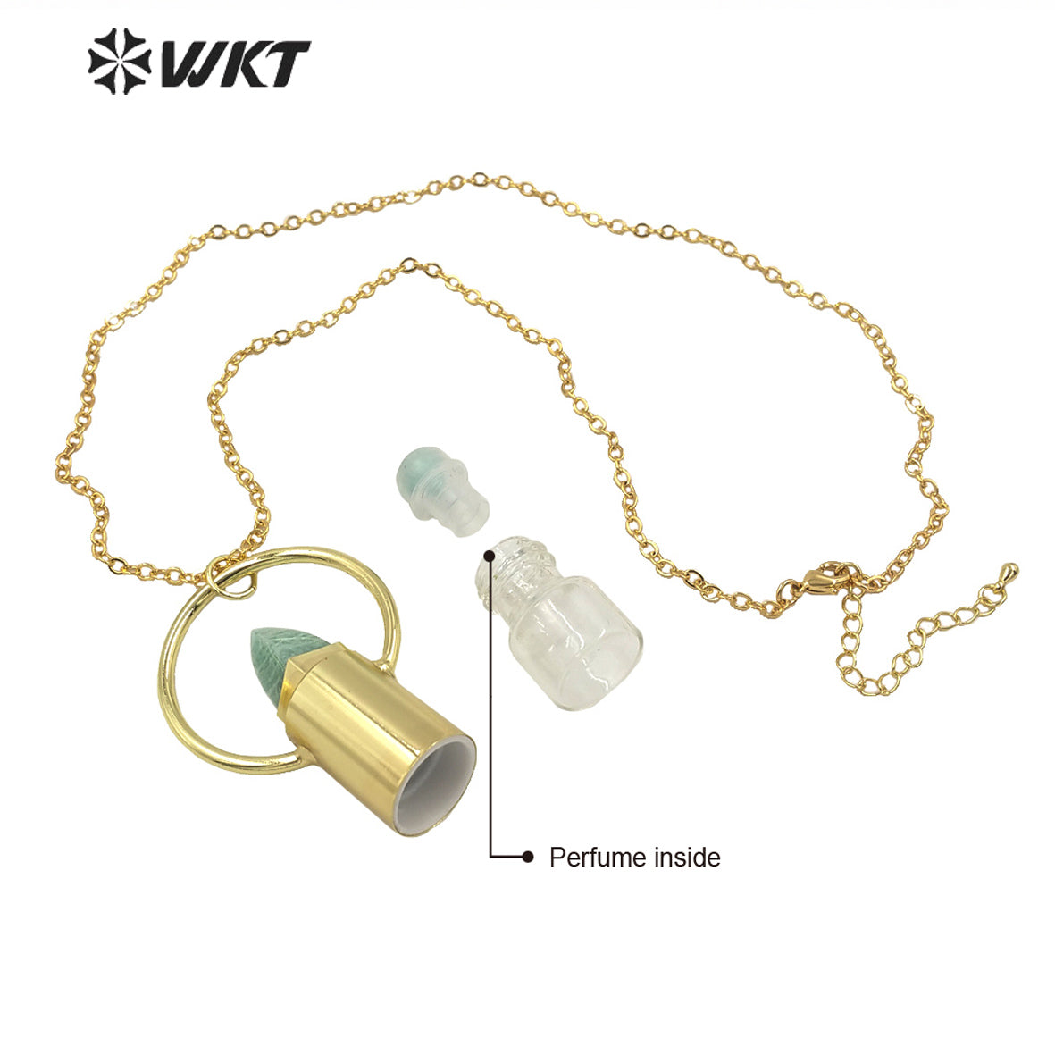 WT-N1295 WKT Women Bohemian Style Gold Plated Roll Gemstone Perfume Bottle Necklace Big Healing Stone Quartz Perfume Bottle
