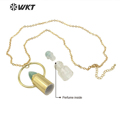 WT-N1295 WKT Women Bohemian Style Gold Plated Roll Gemstone Perfume Bottle Necklace Big Healing Stone Quartz Perfume Bottle