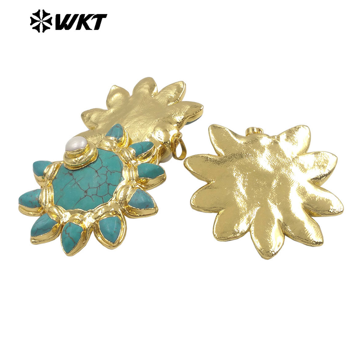 WT-P2032 Wholesale Unique 18K Gold Plated Natural Turquoise And Pearl Sun Shape Pendants For Necklace Making Accessory