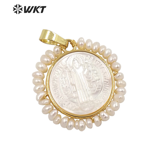 WT-JP257 Wholesale Handmade Wire Wrapped with Pearl Our Blessed Joseph of Cupertino Jewelry Pendant Gold Savior Cross Pendant