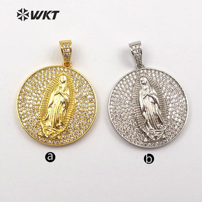 WT-MP106 New Arrival Gold or Silver Color for Women Virgin Mary Medallion Pendant Round Shape Dainty Cubic Zirconia Pave Pendant