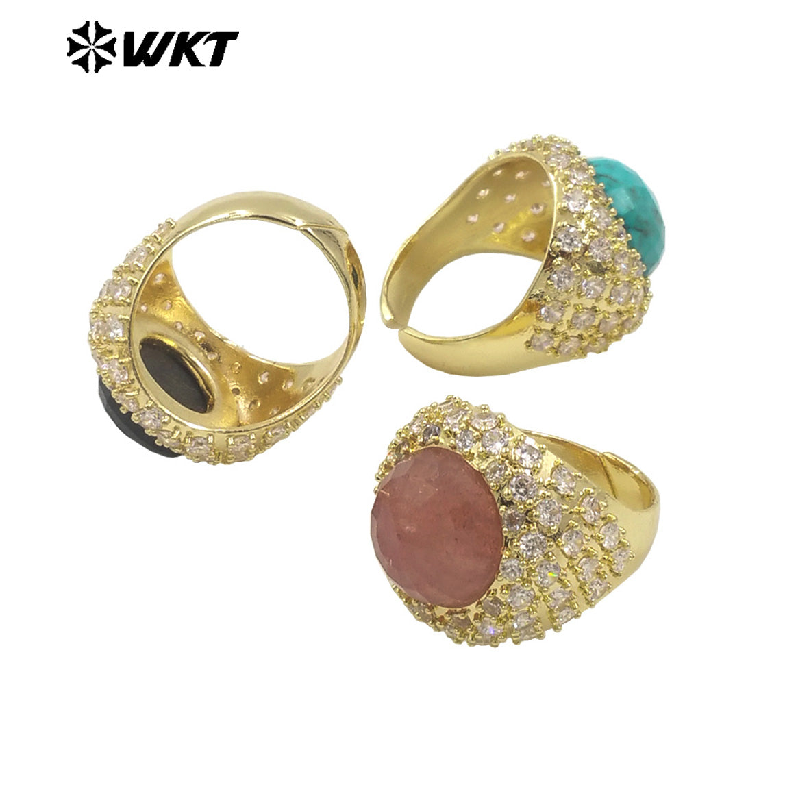 WT-MR027 Bling Series Big Unisex Cocktail Gemstone Setting With 18K Real Gold Plated Round Stone Rings in Open Size