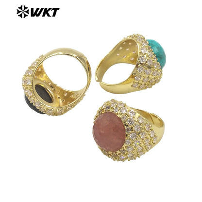WT-MR027 Bling Series Big Unisex Cocktail Gemstone Setting With 18K Real Gold Plated Round Stone Rings in Open Size