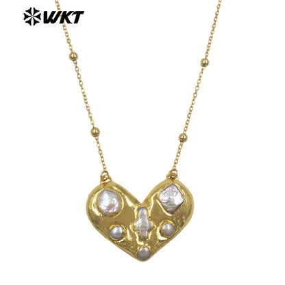 WT-JN381 Beautiful Thin Bead Chain With Gold Electroplated Natural Freshwater Pearl Heart Shape Pendant Necklace For Girl Gift