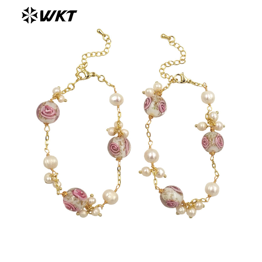 WT-MPB095 Fashionable Colour Glaze & Freshwater Pearl Trendy Rose Bead 18k Real Gold Adjustable Romantic Gift Woman Bracelet
