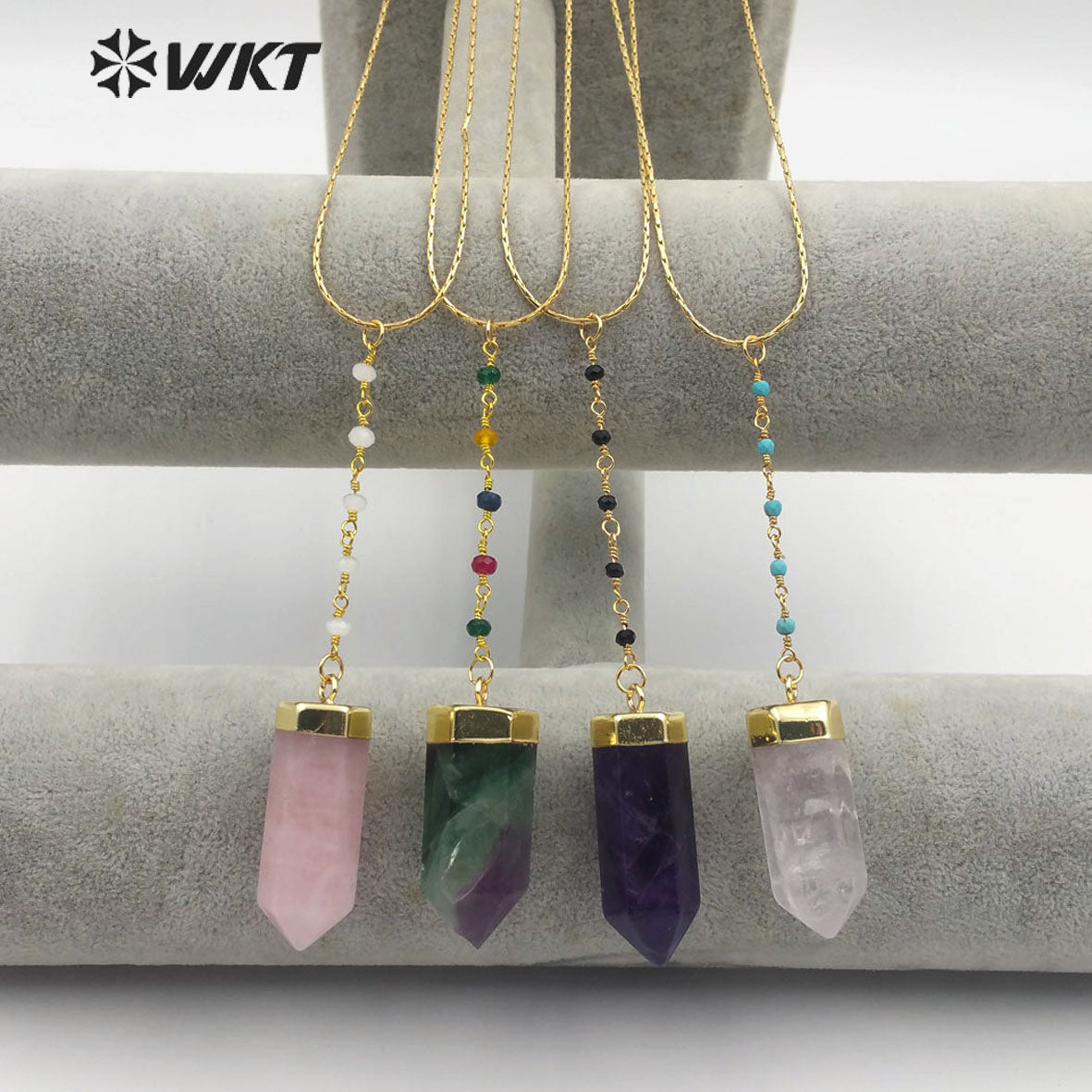 WT-N1180 Newest Natural Rose Quartz Pendant Necklace With Color Beads Chain Fluorite Necklace Fashion Natural Amethyst Necklace