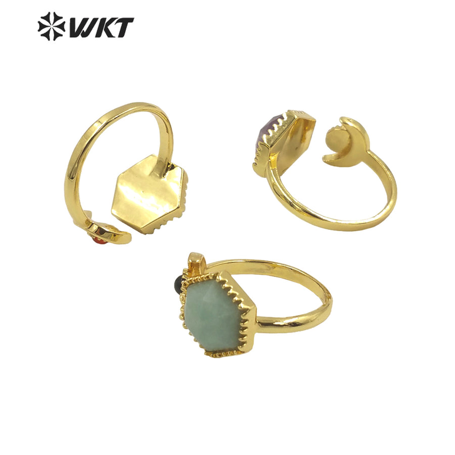 WT-R426 Delicate Fashion Gold Open Size Double Stone Ring Natural Gemstone Hexagon Double Stone Gold Bezel Ring for Girls