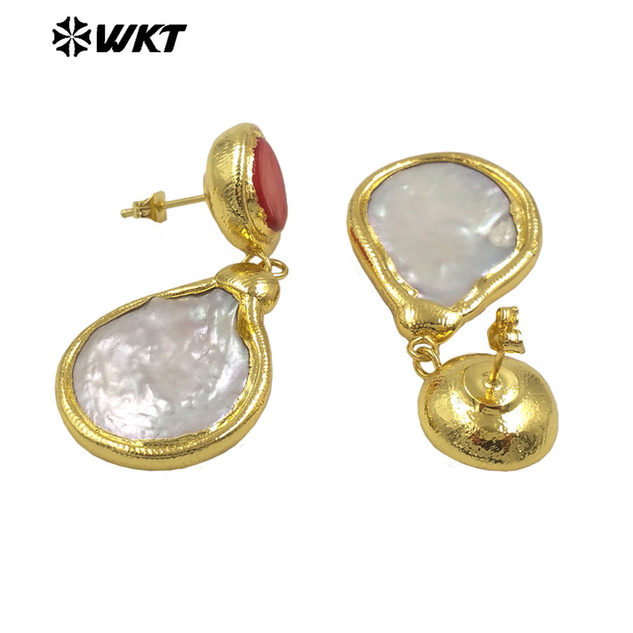 WT-MPE141 High Quality 18K Gold Plated Round Red Coral Water Drop Shaped Pearl Earring for Women As Daily Decorative Jewelry