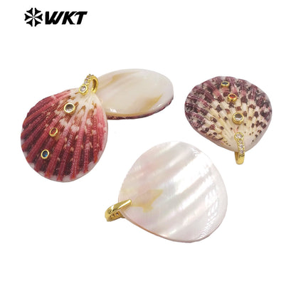 WT-JP527 Good Quality Beautiful Natural Scallop Shell And Colorful Zircon Gold Pendants As Lady Unique Earrings Accessory