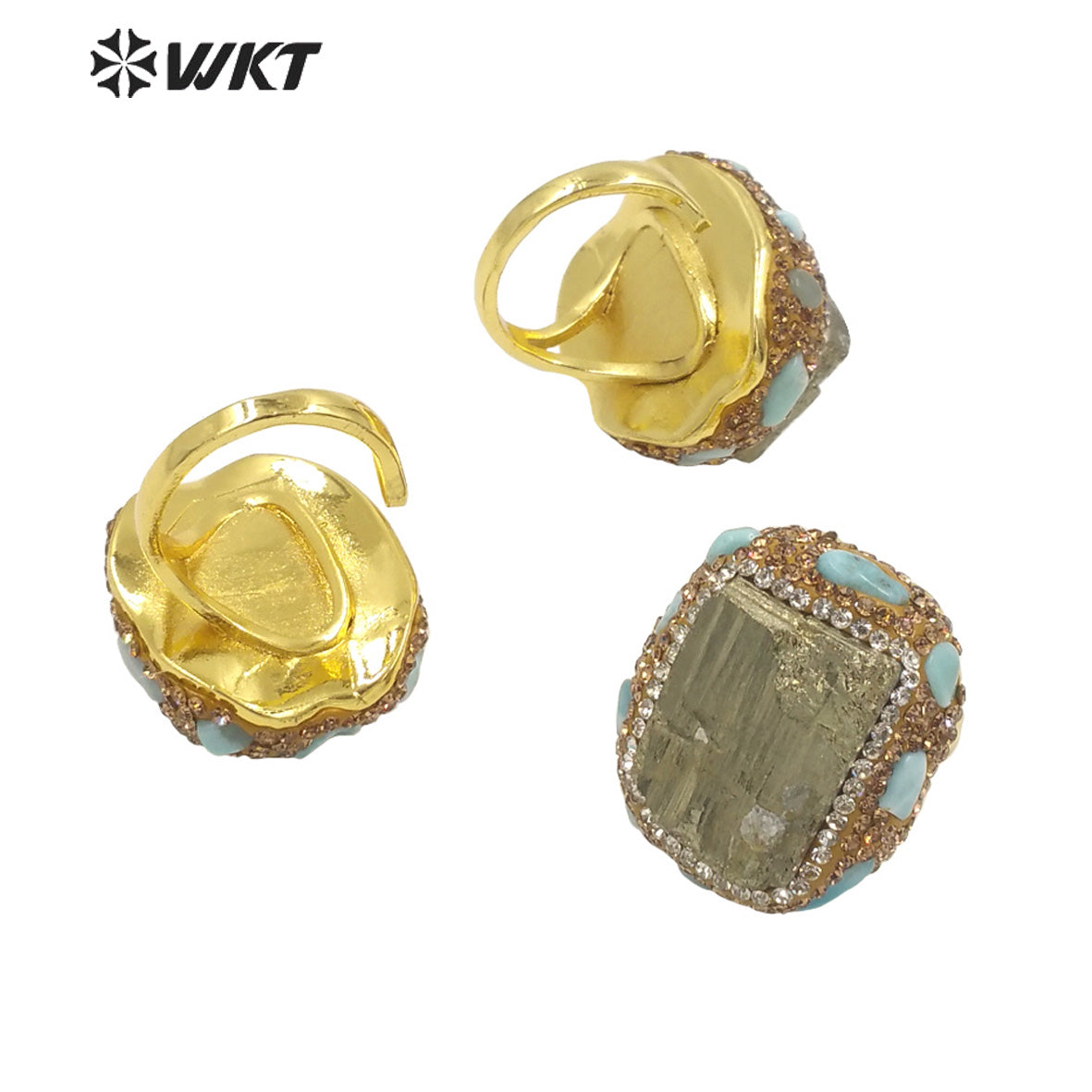 WT-R435 WKT Victoria Age Classic Natural Raw Pyrite Ring Unique Gold Rhinestone Charm Energy Stone Ring for Friend Gift