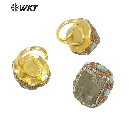 WT-R435 WKT Victoria Age Classic Natural Raw Pyrite Ring Unique Gold Rhinestone Charm Energy Stone Ring for Friend Gift