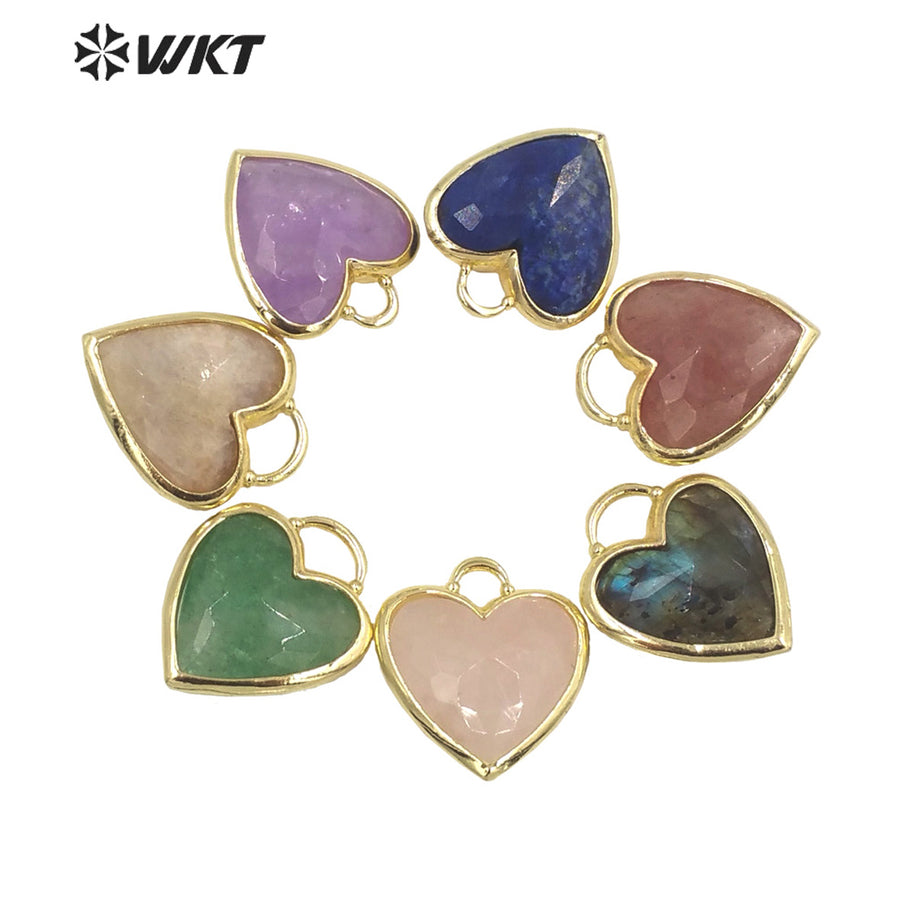 WT-P1857 Newest Lovely Small Size Gemstone Made Heart Pendant Fashion Gold Bezel Natural Handmade Amethyst Stone Heart Charms
