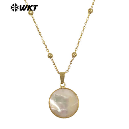 WT-JN348 Wholesale Gold Plated Tiny Beads Chain With Natural Shell Round Facets Pendant Necklace For Everyday Style Matching
