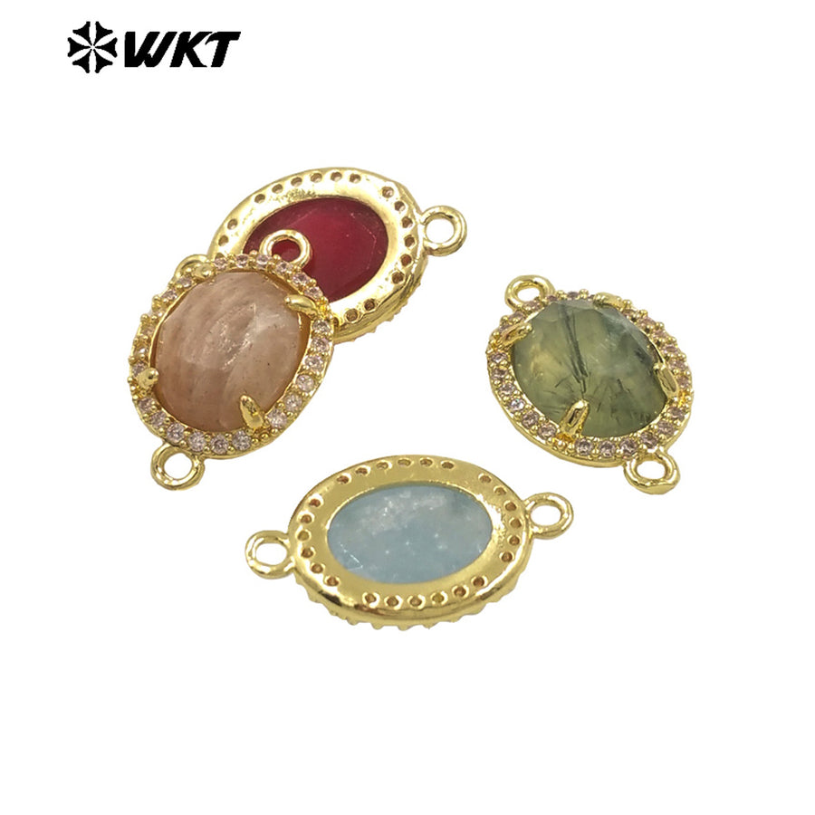 WT-C336 Stylish Little Zircon Round Colorful Natural Gemstone Double Hoop Connector Pendant for Women DIY Necklace Accessories