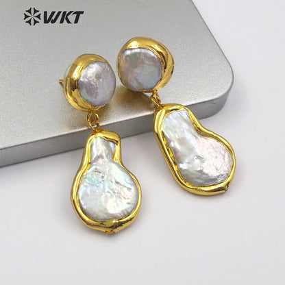 WT-E560 Wholesale Lady Jewelry Pearl Gold Plated Earrings Pear Shape Natural Freshwater Pearl Earrings