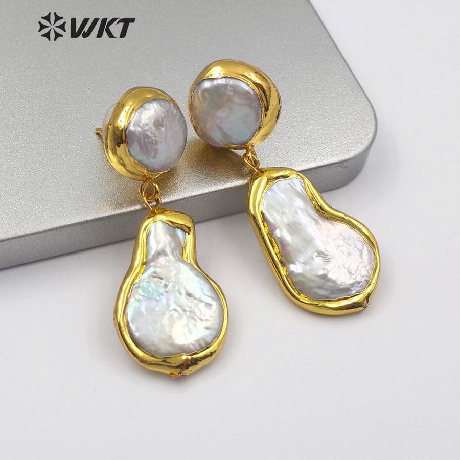 WT-E560 Wholesale Lady Jewelry Pearl Gold Plated Earrings Pear Shape Natural Freshwater Pearl Earrings