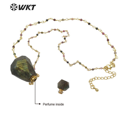 WT-N1268 WKT Precious 18 Inch Long rainbow Tourmaline Chain Perfume Bottle Necklace High Flash Labradorite Bottle Necklaces