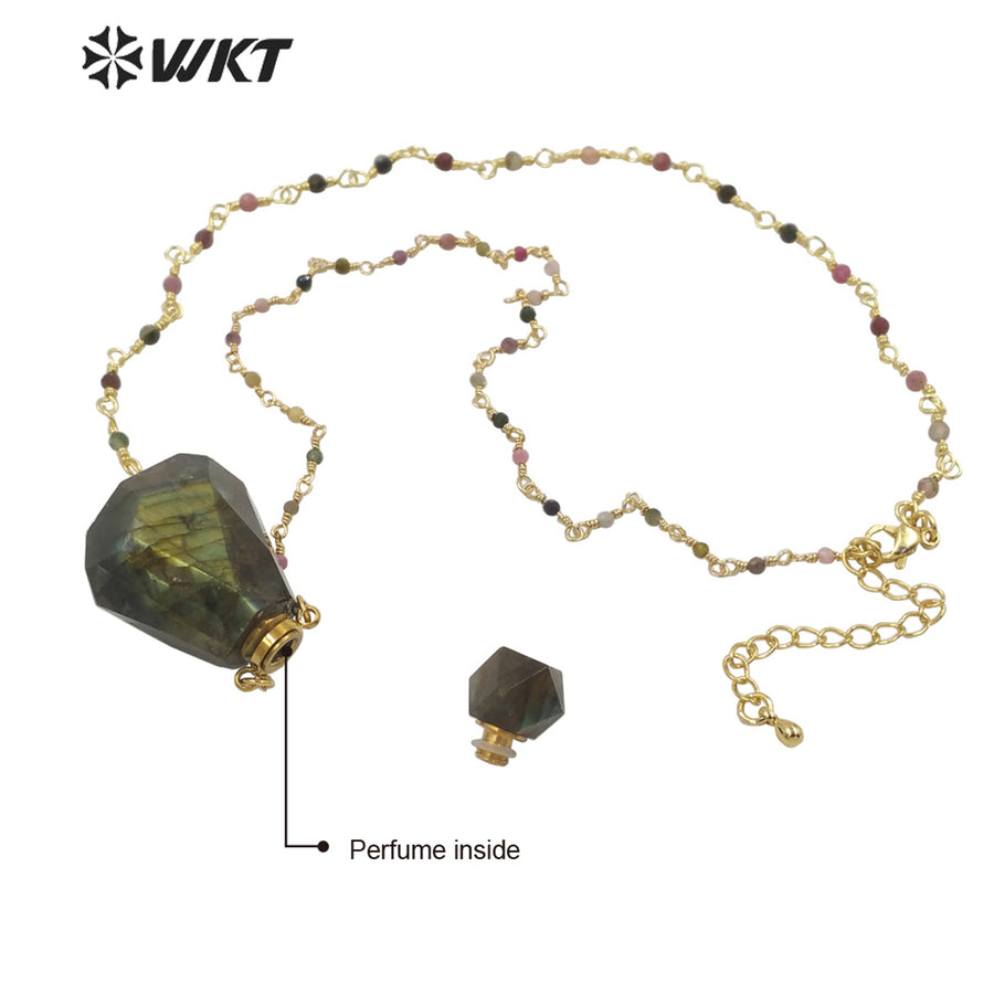 WT-N1268 WKT Precious 18 Inch Long rainbow Tourmaline Chain Perfume Bottle Necklace High Flash Labradorite Bottle Necklaces