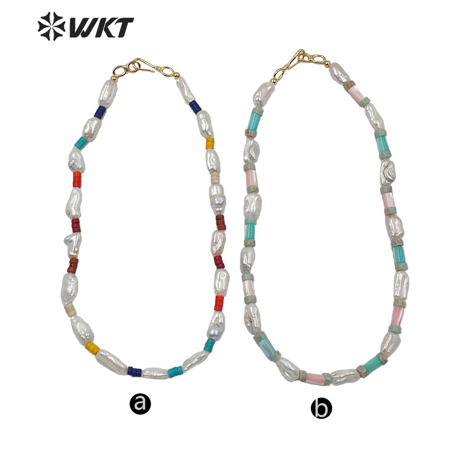 WT-JN113 Exclusive Design Baroque Pearl and Turquoise Beads Necklace 16" Baroque Pearl Beads Necklace Turquoise Beads Necklace