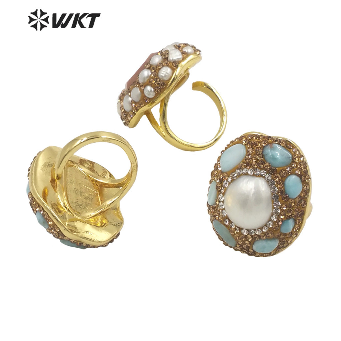 WT-R445 Wholesale Fashion 18k Gold Plated Gorgeous Rhinestone Decorative Turquoise Pearl Party Ring Daily Wearing Women Rings