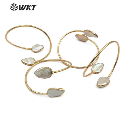 WT-B448 Jewelry in Teardrop Shape Adjustable Gold Bangle Pearl Cuff Wedding Bangle Double Natural Freshwater Pearl Bangle