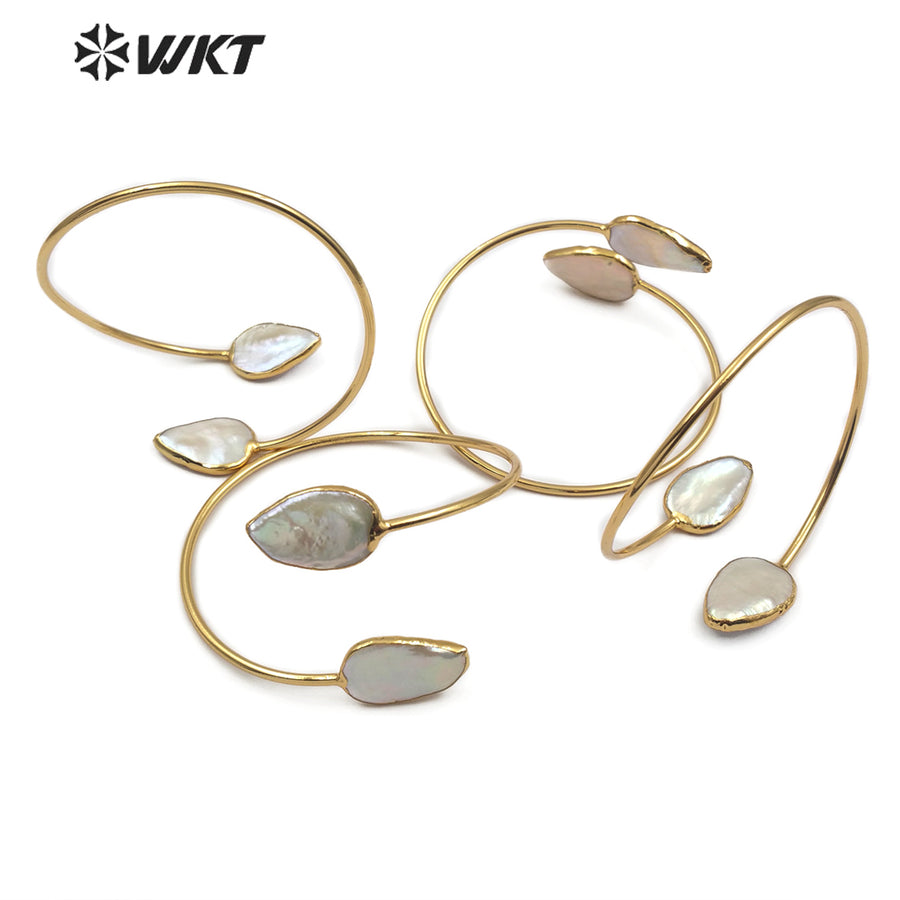 WT-B448 Jewelry in Teardrop Shape Adjustable Gold Bangle Pearl Cuff Wedding Bangle Double Natural Freshwater Pearl Bangle