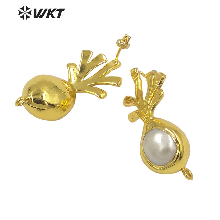 WT-JFE111 Amazing Elegant 18K Gold Plated Freshwater Pearl Earring Studs With Hoop Jewelry DIY Findings for Lady