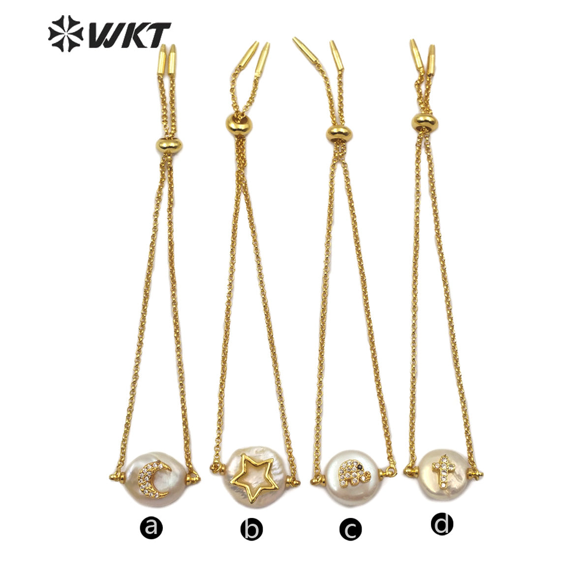 WT-MB112 New Arrival Pearl Gold Bracelet CZ Pave Star and Elephant or Moon Pattern Women Fashion Charm Bracelet