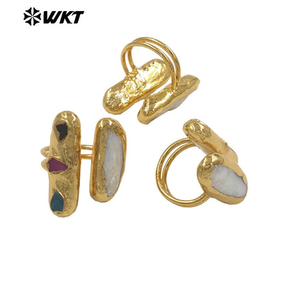 WT-MPR153 Hot Sale Gold Plated Natural Little Agate Stone And Freshwater Pearl Adjustable Rings As Lady Fashion Accessories