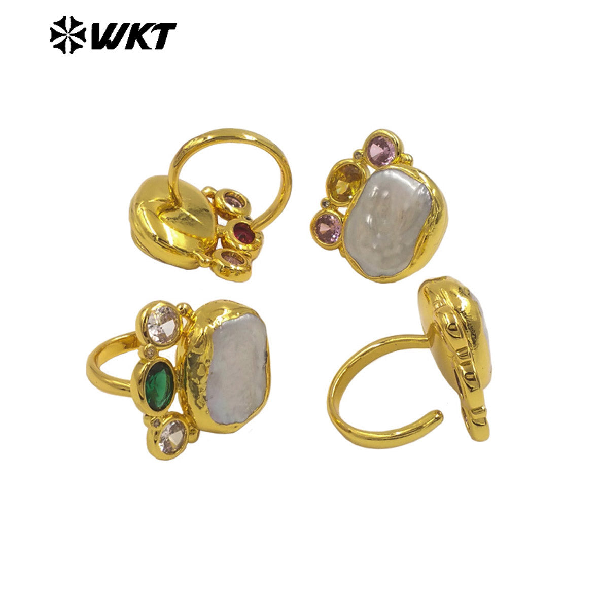 WT-MR043 Newest Design Gold Plated Natural Freshwater Pearl Ring With Multi Colors Cubic Zircon Square Shape Women Jewelry Ring