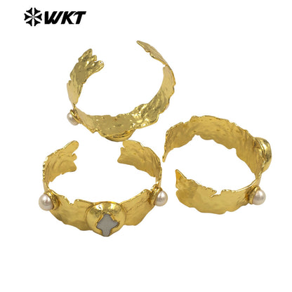 MPB131 The New Listing 18K Gold Electroplated Natural Freshwater Pearls Round And Cross Cuff Women Bangles For Friends Gift