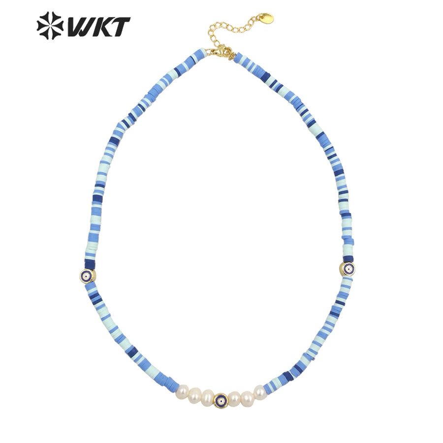 WT-JN200 Amazing Women 4mm Beads Blue Turkey Eye Necklace Bohemian Pearl Eye Chocker Resin Beads Necklace in 16 INCH