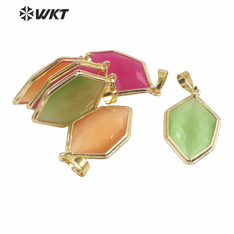 WT-P1937 Wholesale Colorful Cat Eye Stone Natural Hexagon Shaped High Quality for Necklace Round Shaped Pendant