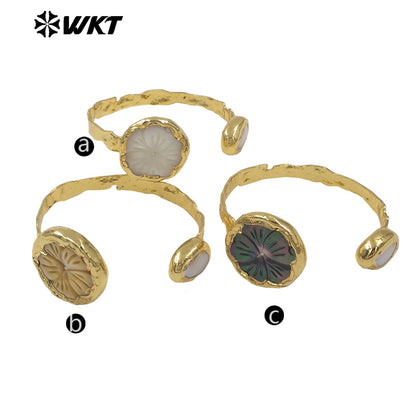 MPB140 Amazing 18K Gold Electroplated Natural Pearl And Shell Carved Flower Shape Cuff Bangles For Women Fashion Jewelry