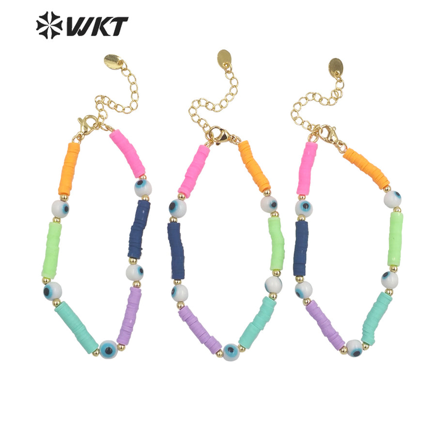 WT-MPB072 WKT NEW Design Rainbow Color Women Eye Resin Beads Bracelet Unique Collection Round Ceramic Eye Beads Bracelets