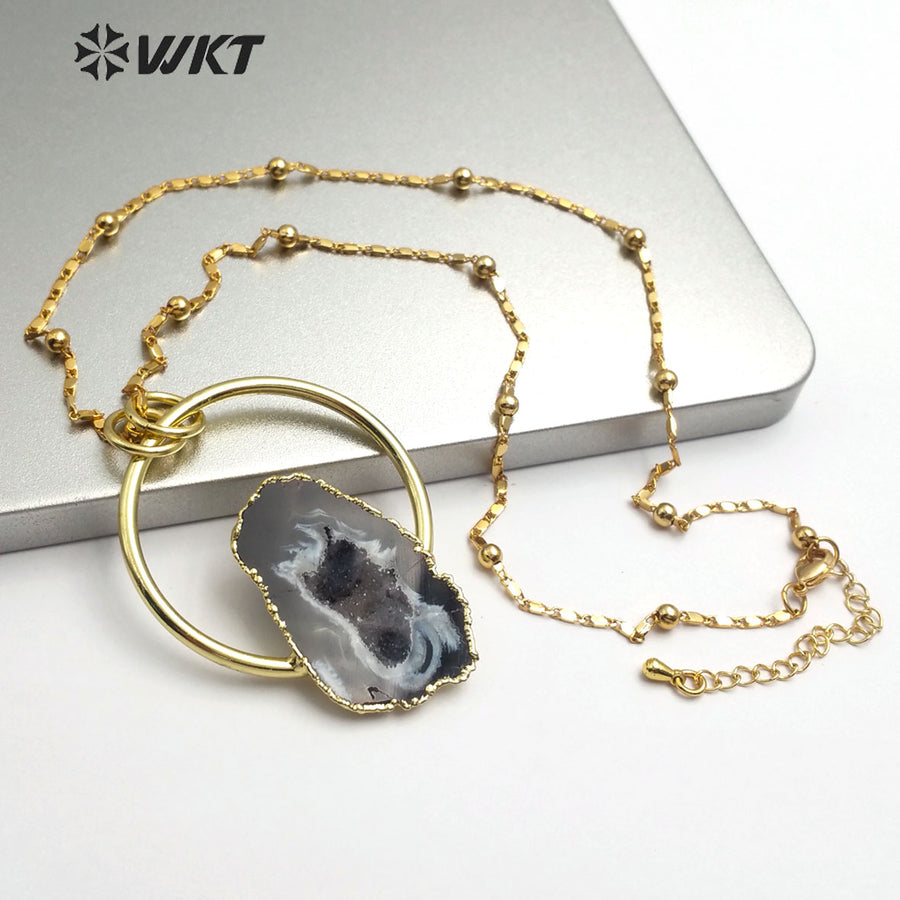 WT-N1165 Natural Druzy Geode Agate Necklace Gold Plated Irregular Shape Stone Pendant Necklace Women Fashion Necklace Jewelry