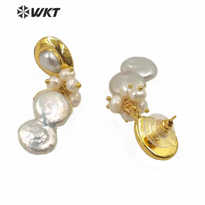 WT-MPE018 New Design Natural Freshwater Pearl Earring Real Gold Plated Elegant Jewelry Pearl Earring