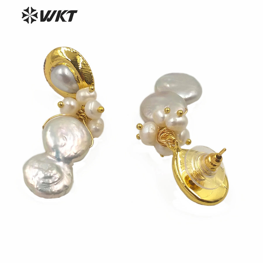 WT-MPE018 New Design Natural Freshwater Pearl Earring Real Gold Plated Elegant Jewelry Pearl Earring