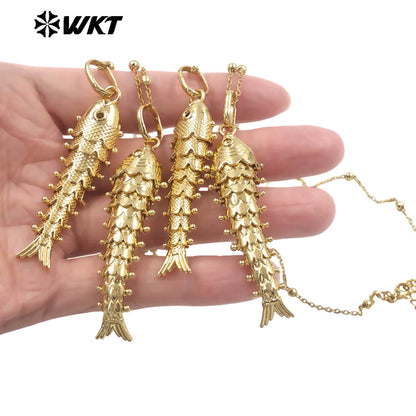 WT-N1515 Exquisite Thin Beads Chain Gold Electroplated Yellow Brass Fish Shape Pendant Necklace For Friends New Year Gift