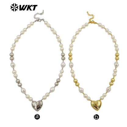 WT-JN286 New Product Lovely Natural Yellow Brass Artificial Pearl Love Shaped Necklace for Sweet Girls As Daily Matching Jewelry