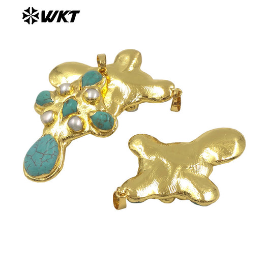 WT-JP384 Specially Designed Religious Unisexual 18K Gold Plated Cross Shaped Pearl and Turquoise Pendant As Daily Decoration