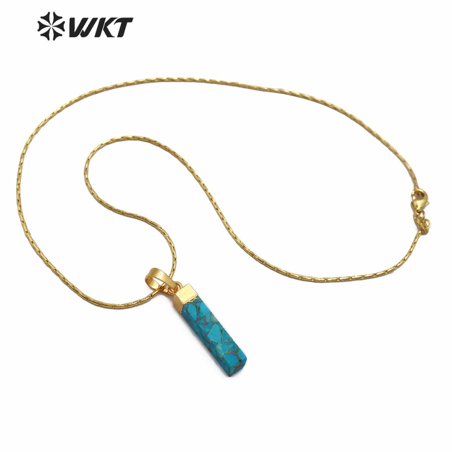 WT-N1164 Natural Blue Vein Turquoise Gold Electroplated Rectangle Shape Pendant Necklace Women Fashion Necklace Jewelry