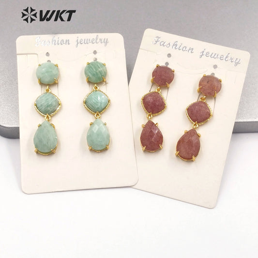 WT-E689 Wholesale Fashion Triple Stone Long Dangle Earrings Gorgeous Lady Prong Setting Natural Gemstone Birthday Stone Earrings