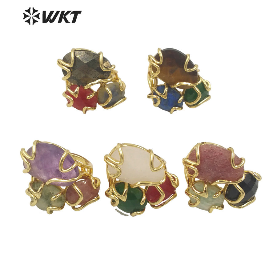 WT-R417 WKT NEW Design Gorgeous Triple Natural Gemstone Claw Setting Stone Ring Women Adjustable Precious Colorful Gold Ring