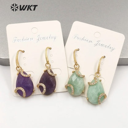 WT-E688 Wholesale Fashion Gold Prong Setting Natural Teardrop Stone Earrings Gorgeous Faceted Gemstone Micropaved Pear Earrings