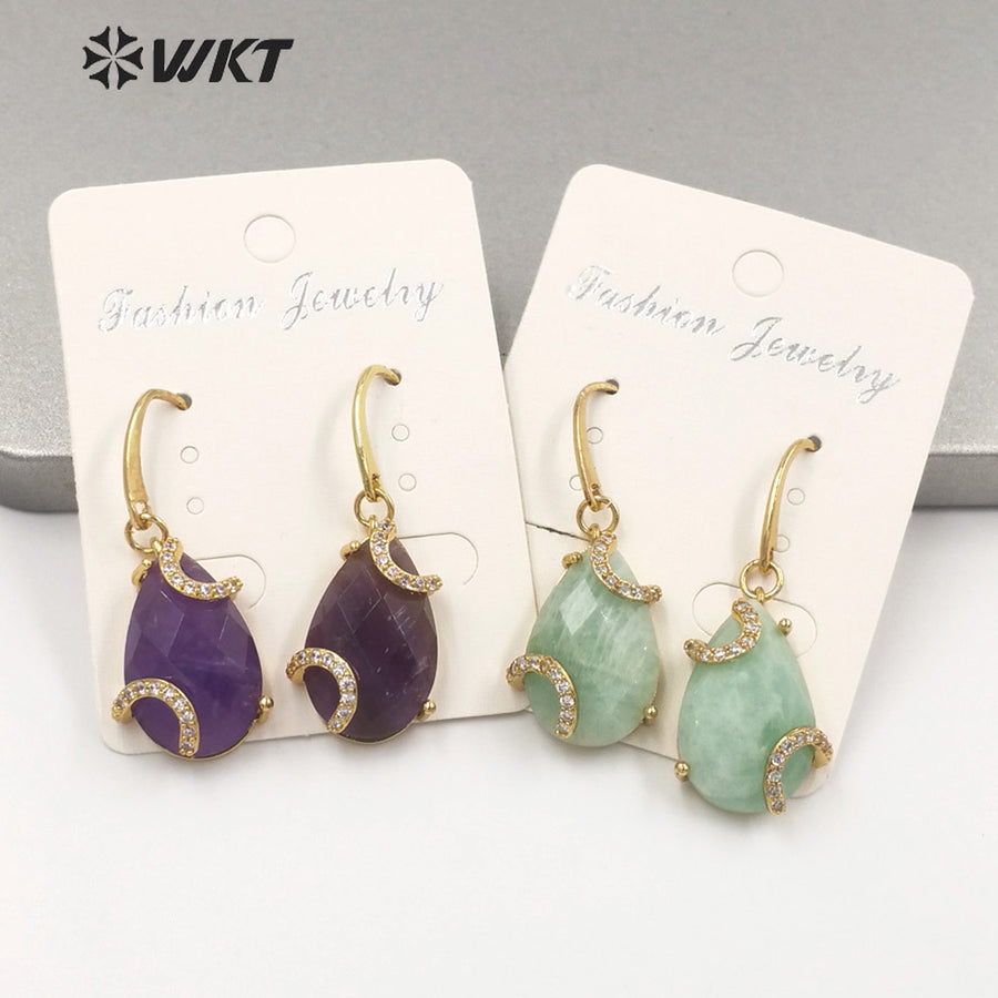 WT-E688 Wholesale Fashion Gold Prong Setting Natural Teardrop Stone Earrings Gorgeous Faceted Gemstone Micropaved Pear Earrings