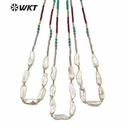 WT-JN124 WKT Exclusive Design Hand Make Strand Casual Necklace Women 24 Inch Long Faceted Beads Baroque Pearl Necklace