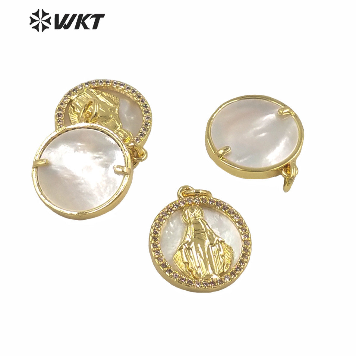 WT-MP155 New Hot Sales White MOP Shell Pendants Small Size Round Coin Religious Jesus Christ Charm Pendant in Gold Electroplated