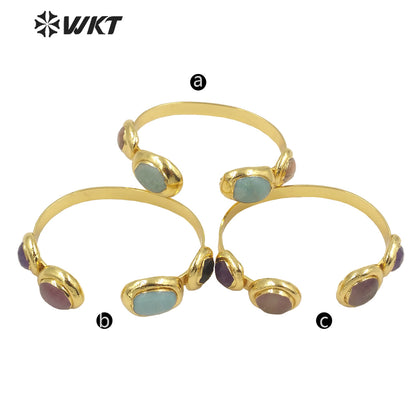 WT-B592 WKT 2022 Fashion Jewelry Sun Stone Amethyst Black Obsidian Adjustable Gold Bangle Natural Triple Stone Bangle